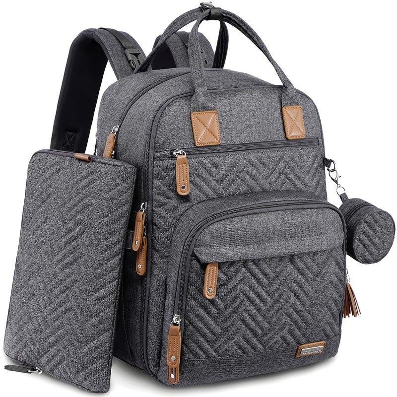 iniuniu Diaper Bag Backpack, 4 in 1 kit Large Unisex Baby Bags for Boys Girls, Waterproof Travel Back Pack with Pouch, Washable Changing Pad, Pacifier Case and Stroller Straps, Dark Gray - Image 1